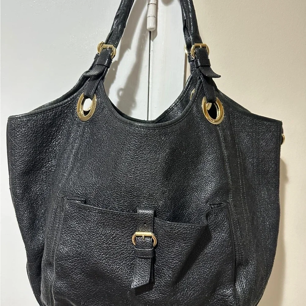 VINTAGE Christian Dior Black and Gold Shoulder Bag with Textured Leather